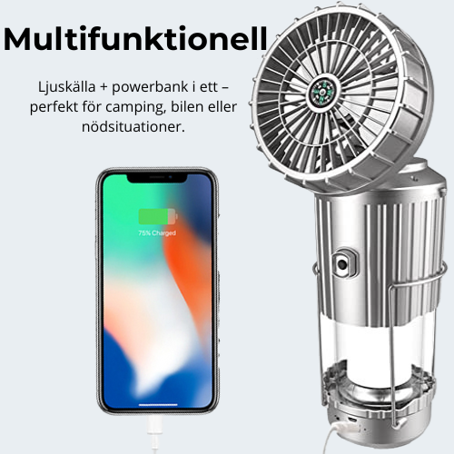 Solvind™ 5-i-1 campinglampe – solcelledrevet vifte, lys, powerbank og mer