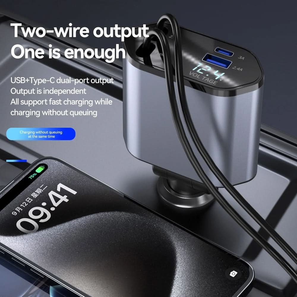 DriveCharge™ Pro-snabbladdare 4-i-1 Retraktabel Bil-laddare – Ladda Smidigt Under Vägen - Varuhuset24