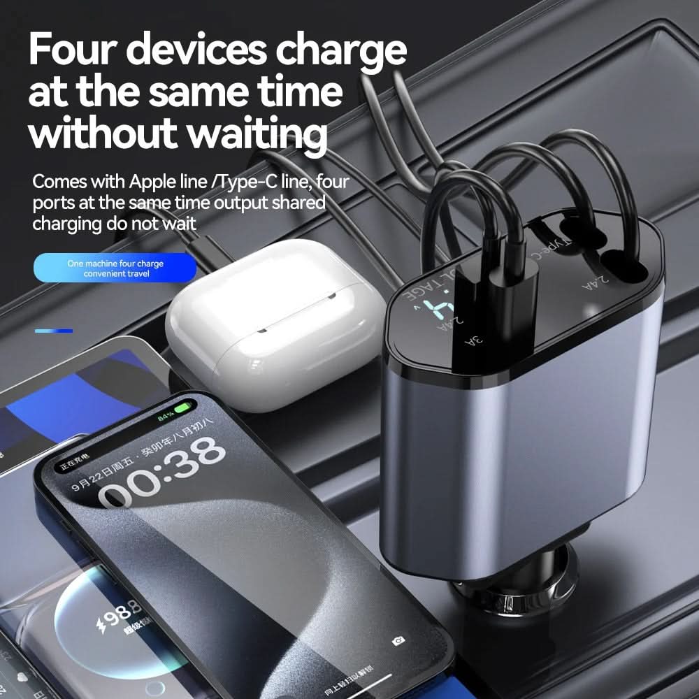 DriveCharge™ Pro-snabbladdare 4-i-1 Retraktabel Bil-laddare – Ladda Smidigt Under Vägen - Varuhuset24