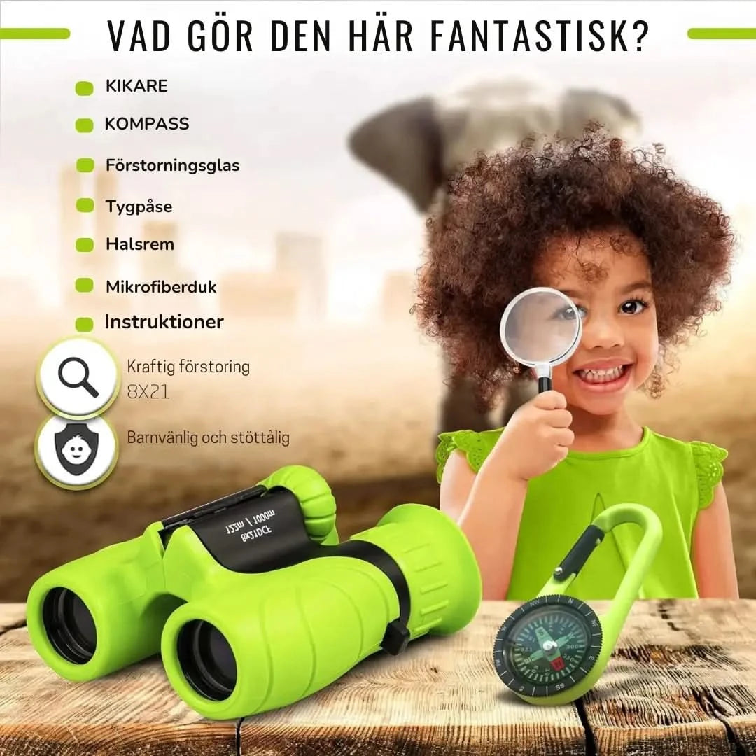 Kikkert for barn 8x21 – Forstørrelse, kompass og forstørrelsesglass
