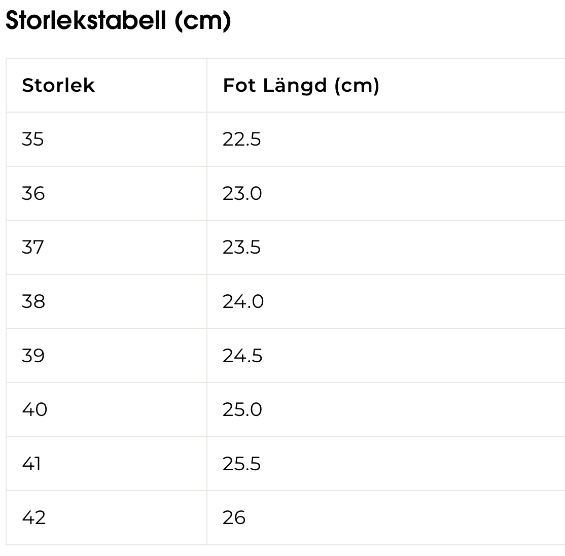 Storlekstabbell för skor