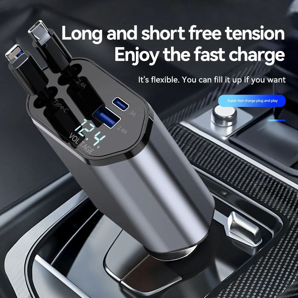 DriveCharge™ Pro-snabbladdare 4-i-1 Retraktabel Bil-laddare – Ladda Smidigt Under Vägen - Varuhuset24